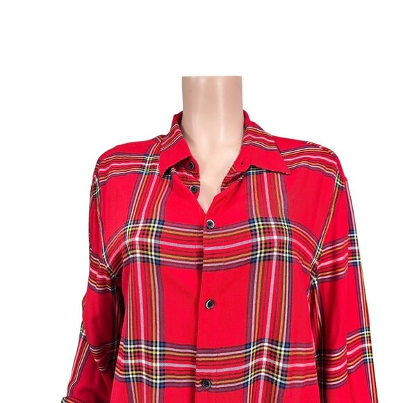 H&M Women Red Plaid Button Down Shirt SZ L Christmas Classic -Holiday Multicolor - Picture 12 of 15